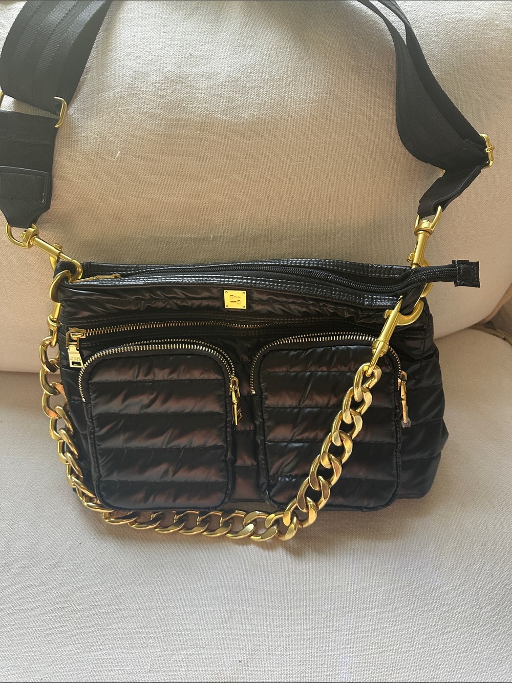 Black Think Royln Quilted Crossbody Bag with Gold Chain Strap